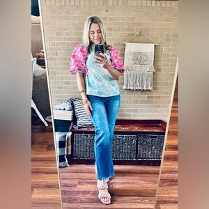 THML Aqua Tunic with Pink Floral Puff Sleeves